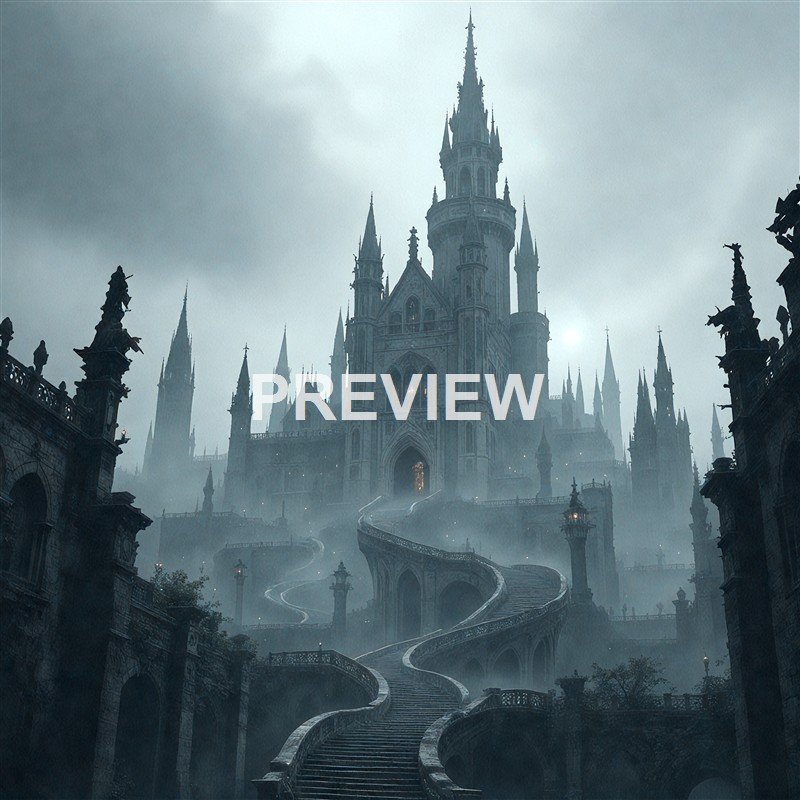 A dark, gothic-style castle with tall spires surrounded by a misty atmosphere, accessed by winding stairs and ornate railings.